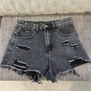 Distressed Black Denim Shorts